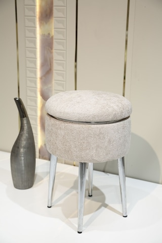 Bella Metal Ayaklı Sehpalı Teddy Kumaş Sehpa&puf Krom Beyaz Chrome White