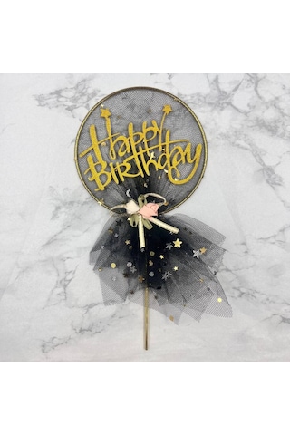 Pasta Üstü Happy Bırthday Metal Çubuklu Siyah Tüllü Süs 21 Cm