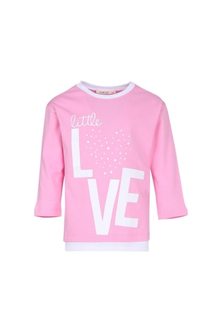 Luess Love Baskılı Garni Detaylı Uzun Kol Kız Çocuk T-shirt Pembe