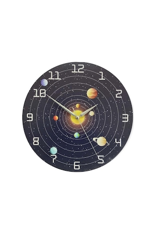CajuArt Dekoratif Yuvarlak Uzay ve Gezegenler Ahşap Duvar Saati Ahşap