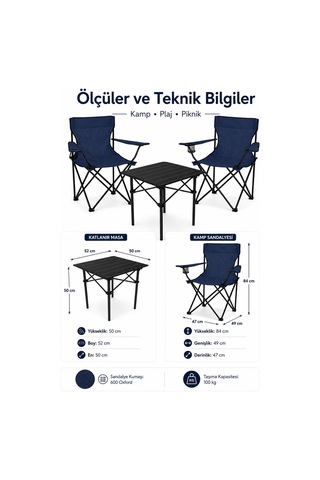 2 Sandalyeli Katlanır Kamp Seti 52 Cm Masa Ve Sandalye Lacivert