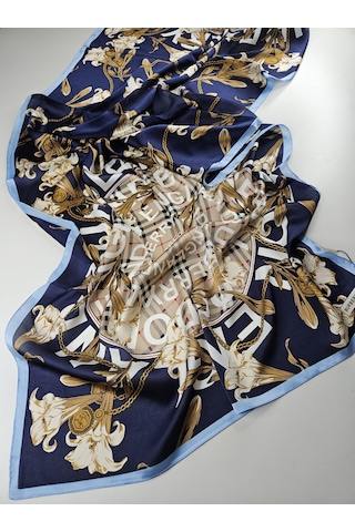 Miorel Scarfs Yeni Sezon Çiçek Desen Ekose Zincir Vual İpek Şal Premium Lacivert