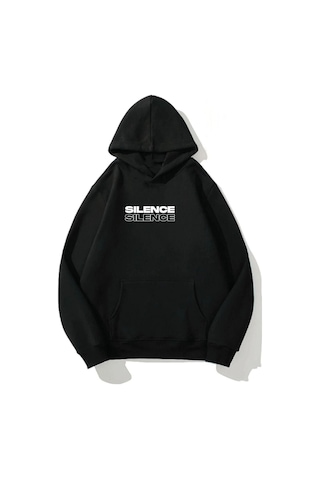 Altamira Unisex Siyah Silence Baskılı Oversize Kapşonlu Sweatshirt 001