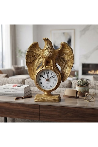 Dekoratif Ofis Çalışma Alanınıza Şıklık Katan Güçlü İhtişamlı Kartal Masa Saati Biblo Hediye 21x13cm