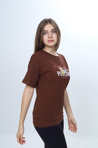 Toontoy Kids Toontoy Kız Çocuk Bisiklet Yaka Düşük Omuz Kısa Kollu Baskılı Tişört 24971 Koyu Kahverengi
