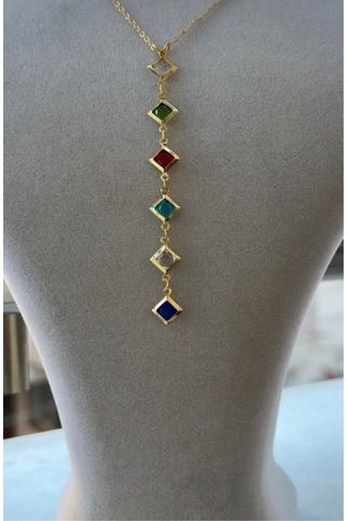 Kadın Gold Renk Çok Renkli Zirkon Taşlı Y Model Kolye Gold