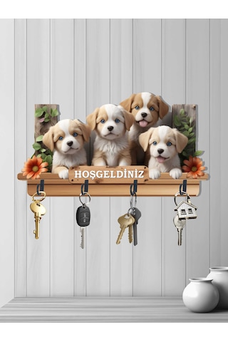 2d Ahşap Uv Baskılı Dört Metal Kancalı Köpekler Hoşgeldiniz Mdf Duvar Askılığı Anahtarlık V9 Çok Renkli