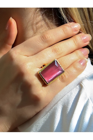 Kedi Gözü Cam Kadın Ayarlanabilir Altın Kaplama Yüzük Pembe Euy69p Pembe