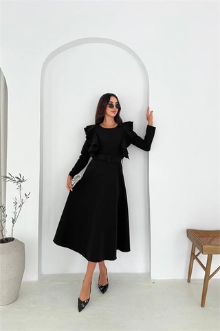 Neşeli Butik Kadın Kol Fırfırlı Kemerli Midi Boy Elbise Nbk4309 Siyah