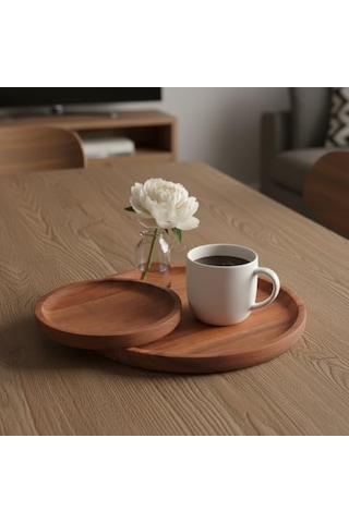 2&apos Li Doğal Akasya Ahşap Yuvarlak Servis Tabağı Ve Çerezlik Seti 12 Cm Ve 15 Cm Kahvaltılık, Sosluk Ve Sunum Kasesi İkili Takım