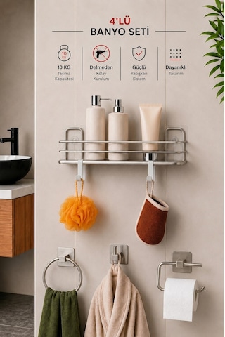 Sas Haus Banyo Düzenleyici Set 4 Parça Yapışkanlı Şampuanlık Tuvalet Kağıtlığı Havluluk Askı Tss-01 Krom