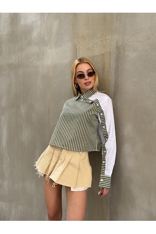 Kadın Özel Tasarım Yaka Koldan Giymeli Düğmeli Çizgi Garnili Crop Boy Tesettüre Uygun Bluz Gömlek Haki