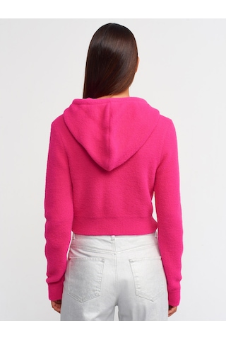 Dilvin Yumuşak Dokulu Kapşonlu Crop Kazak Fuşya