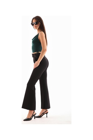 Kemerli Fermuarlı Yanlardan Cepli Geniş Paça Dabıl Kumaş Siyah