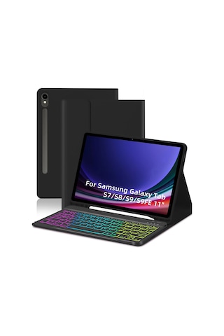 Jeemson Samsung Galaxy Uyumlu Tab S7/s8/s9/s9 Fe 11" İçin Bluetooth Klavye Kılıf - 7 Renkli Arka Işık, Kalem Dolabı Ve Çok Açı Desteği - Siyah
