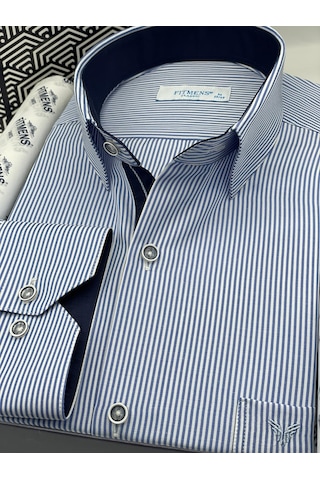 Fitmens Klasik Uzun Kol İnce Çizgili Cepli Hediye Kutulu Erkek Gömlek Fs-003317 - Saks Mavi-2296
