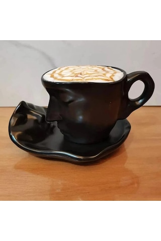 Seramik Yüz Desenli Kupa Bardak Siyah