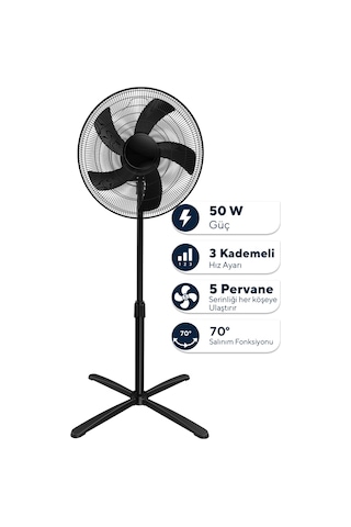 Kumtel Siyah 16 İnç Ayaklı Vantilatör 50 W, 5 Pervaneli, 3 Kademeli, 121 Cm Yükseklik