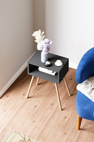 İntergo Ahşap Ayaklı Raflı Komodin Antrasit Gri