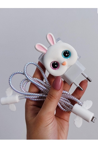 iPhone 18/20 W Şarj Cihazı Uyumlu 5 Parça Şarj Koruma Seti, Kablo Koruyucu - Tavşan