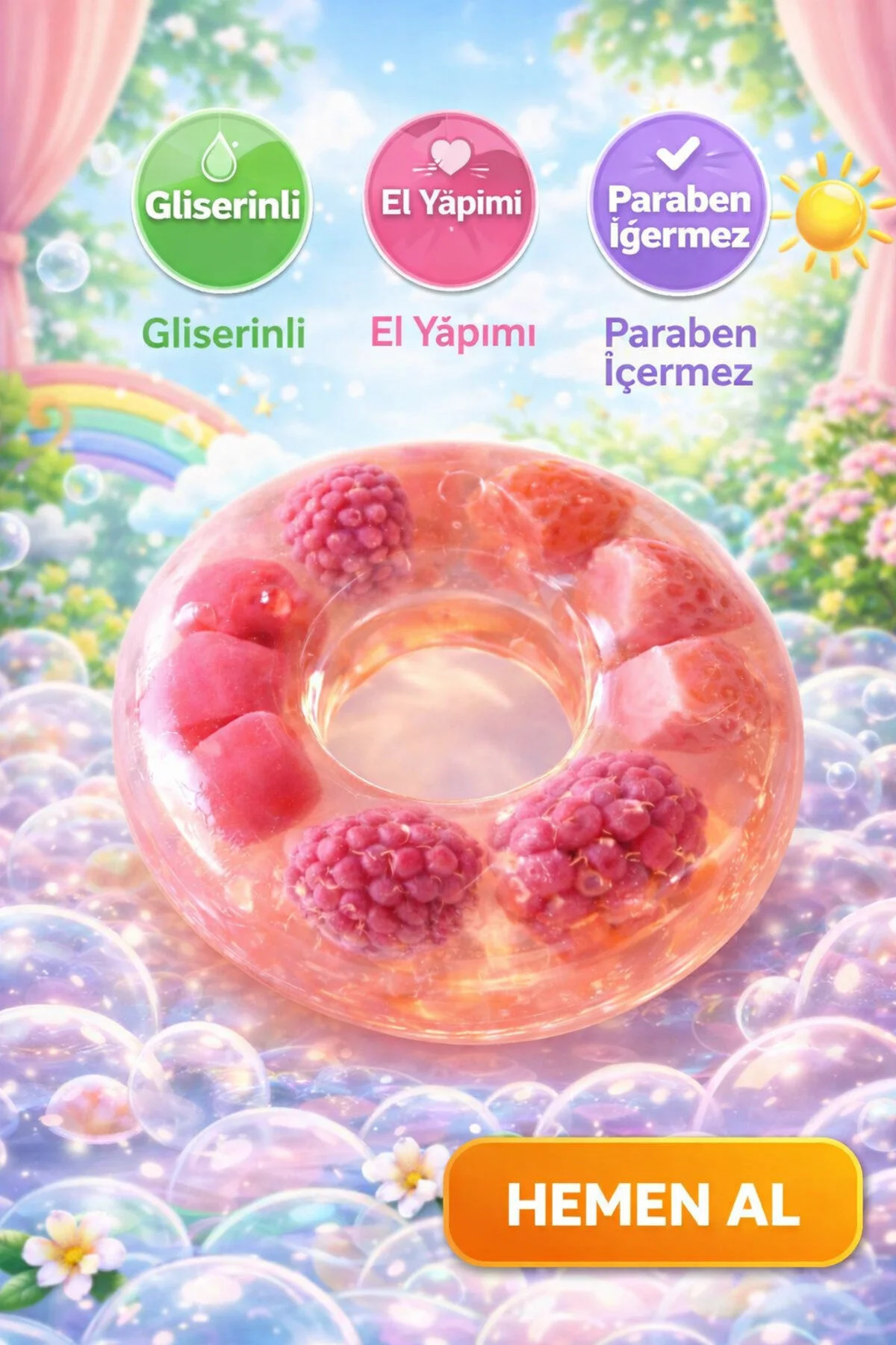 1 Adet El Yapımı Şeffaf Gliserinli Meyveli Donat Sabun