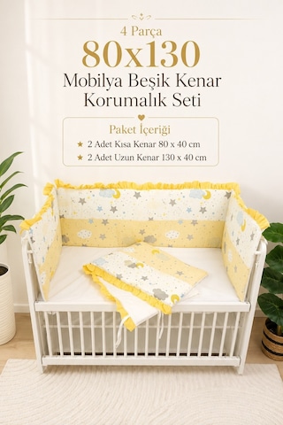 80x130 Mobilya Beşik Korumalık Seti - 4 Parça Rüya Serisi Sarı Fırfırlı