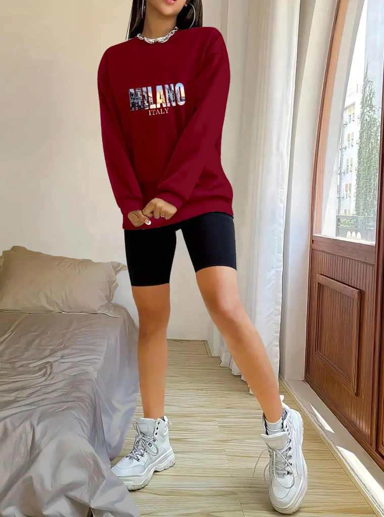 Dogutrend Kadın Uzun Kollu Bisiklet Yaka Desenli Viskon Iki Iplik Bluz Bordo
