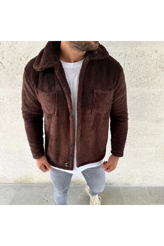 Valensdesign Erkek Pelüş Polar Hırka Gömlek Yakalı, İlik Düğmeli, Göğüs Cepli, Yumuşak Dokulu Kışlık Regular Fi Kahverengi