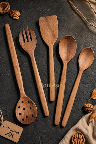Doğal Ceviz Ağacı Ahşap Tahta Kaşık Seti Ağaç Kaşık 5li Set 13