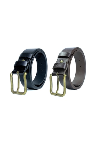 2'li %100 Erkek Kemer Sarı Tokalı 4cm Siyah - Kahverengi