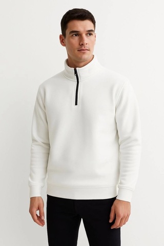 Etiler Collection Erkek Dik Yaka Sweatshirt Dik Yaka Yarım Fermuarlı 3 İplik Şardonlu Pamuk Kumaş - Beyaz