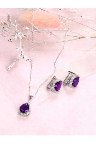 Brezza Lusso Jewelry 925 Ayar Damla Model Ametist Taşlı Gümüş Kadın Kolye Küpe Seti