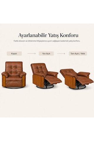 Smarto Relax Miami Elektrikli Masajlı Döner Sallanan Tv Koltuğu Kontrol Panelli Ahşap Yan Panelli Gerçek Deri Baba Koltuğu Açık Kahverengi