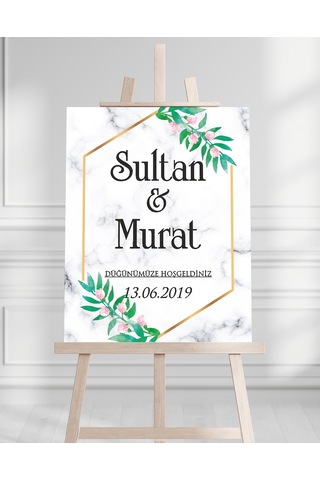 Söz Nişan Düğün İçin 50x70 Karşılama Panosu - Mermer Ve Çiçek Tasarımlı Beyaz