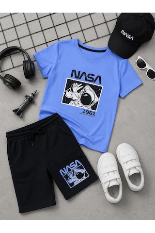 Durukoza Erkek Çocuk Nasa Baskılı Şortlu Takım Mavi Siyah Yazlık Takım 6-14 Yaş