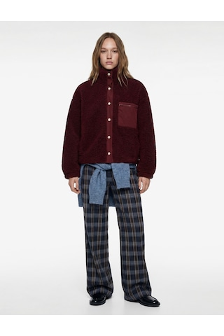 Koton Dik Yaka Fermuar Cep Detaylı Çıtçıt Düğmeli Oversize Peluş Ceket Bordo 6wal10088ık