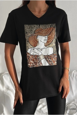 Cassime Kadın Siyah Büyük Beden Şapkalı Kadın Pul Payet İşlemeli %100 Pamuk Tişört Xl-2xl-3xl