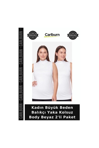 Carlburn Premium Kadın Büyük Beden Balıkçı Yaka Kolsuz Body Beyaz 2'li Paket Kombin Altı Rahat Bluz Beyaz-2