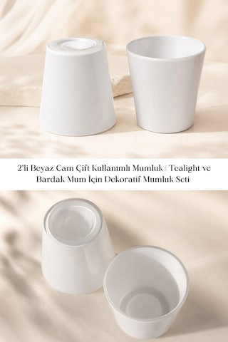 2 Li Beyaz Cam Çift Kullanımlı Mumluk Tealight Ve Bardak Mum Dekoratif Seti