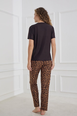 Kompedan Kadın Leopar Desenli Bisiklet Yaka Pijama Takım Siyah 30102-1287 Siyah