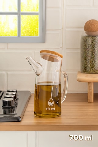 Porsima 2093 Bambu Kapaklı Vakumlu Borosilikat Cam Yağdanlık Yağlık Sirkelik 700ml Şeffaf