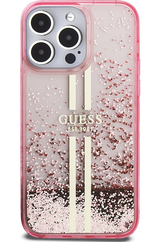 Apple Uyumlu iPhone 14 Pro Max Kılıf Guess Lisanslı Transparan Sıvılı Simli Altın Çizgili Kapak Pembe