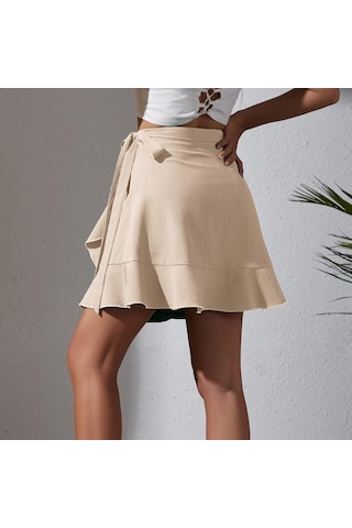 Yaz Kravat Yüksek Bel Düz Renk Fırfırlı Kısa Yarım Vücut Etek Bej