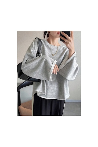 Cool Tarz Oversize Kesim Bisiklet Yaka Uzun Kollu Sweatshirt Gri Gri
