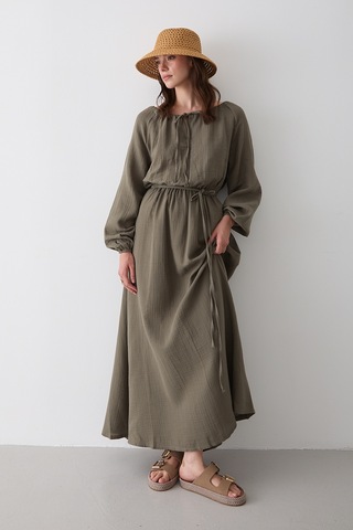 Çağla Bağlama Detaylı Müslin Elbise - 2004 Çağla