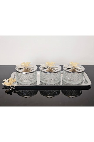 Atabey Home Collection 3'lü Kelebekli Gümüş Tepsili Kase Seti & Şekerlik & Sunumluk & Çerezlik