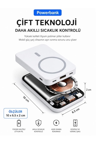 12.000mah 5w Mıknatıslı Powerbank Micro Type-c Şarjlı Hızlı Şarj Taşınabilir Standlı 4 Çıkış 3 Giriş 10w Hızlı Şarj Kablosuz Uyumlu Şarj Açık Gri