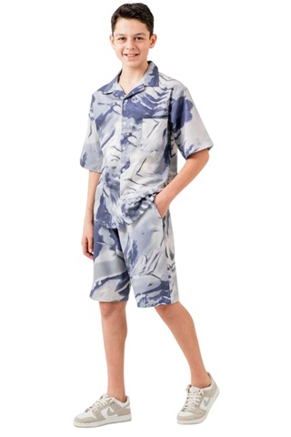 Erkek Çocuk Batik Desenli Mavi Gömlek Şort Oversize İkili Takım