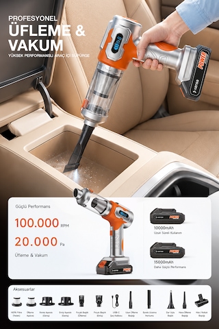 20000pa Kablosuz Araç Süpürgesi Üfleme Vakum 2'si 1 Arada 100000 Rpm Şarjlı El Süpürgesi Hepa Filtre Gri