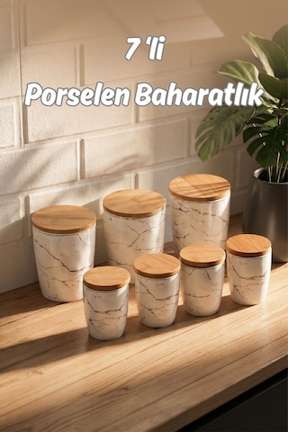 Porsima Pxm2673-7/s Marble 7 Parça Bambu Vakum Kapaklı Porselen Baharat Takımı Baharatlık Seti Diğer